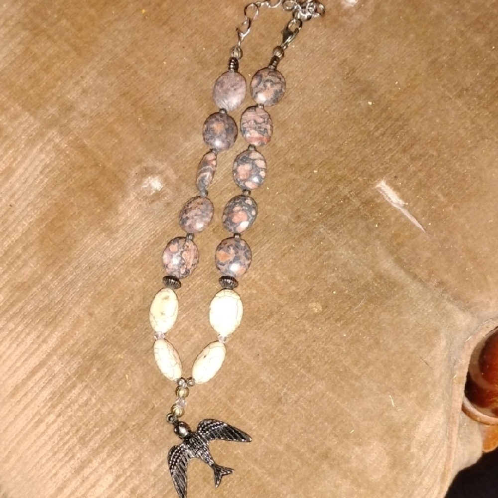 Cream and Brown Necklace with Bird Pendant